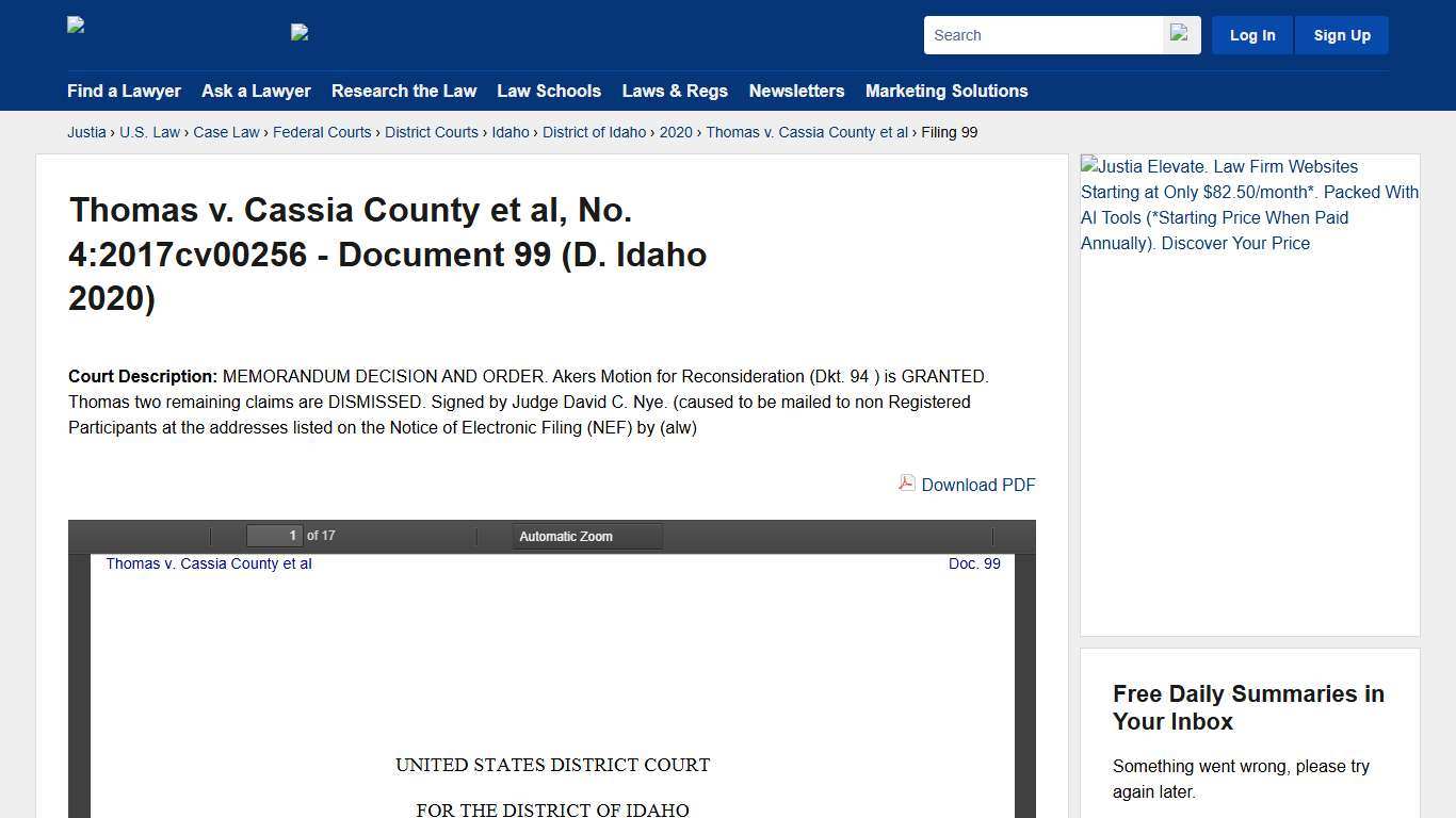 Thomas v. Cassia County et al, No. 4:2017cv00256 - Document 99 (D. Idaho 2020) :: Justia